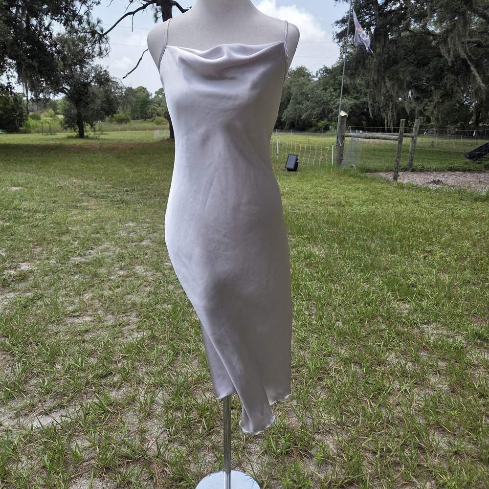 Bebe Dress Womens Small Silver Satin Cowl Neck Slip Sheath Midi Y2k Wedding